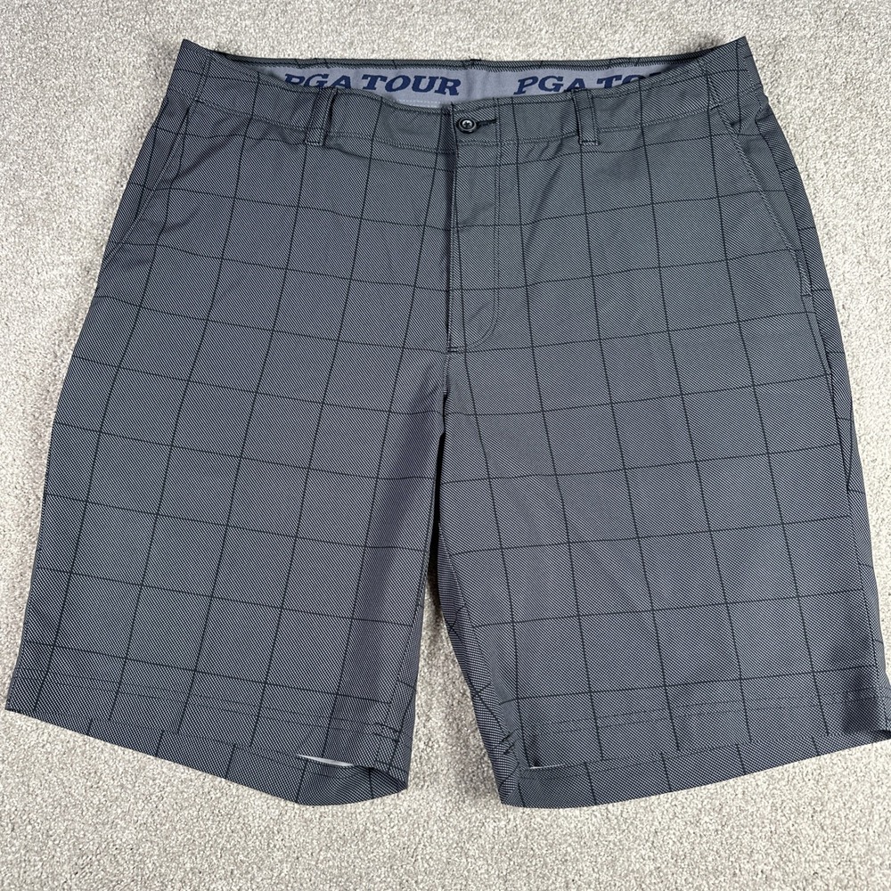 PGA Tour Golf Men's Plaid Shorts 38x10 Gray/Black Performance‎ Pickleball Causal
